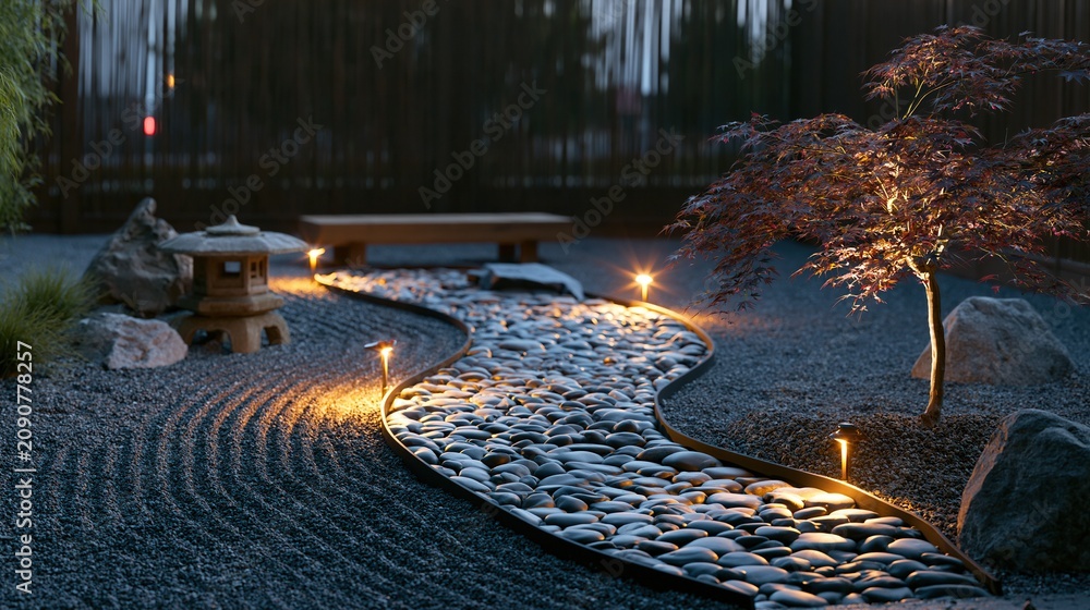 Obraz premium Serene Japanese Zen Garden Pathway Illuminated by Soft Evening Lights with Maple Tree and Stone Lantern