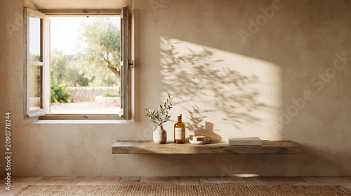 Foto Rustic Mediterranean interior room with open wooden window looking at olive garden, warm plaster wall mockup with sunlit olive branch shadows, raw wood shelf with amber bottle and book, 3d render