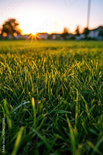 Beautiful green lawn close up at sunset, vibrant grass field banner, landscape.