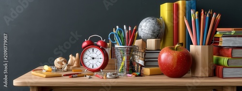 School desk with stationery, books and apples against blank blackboard. Back to school.