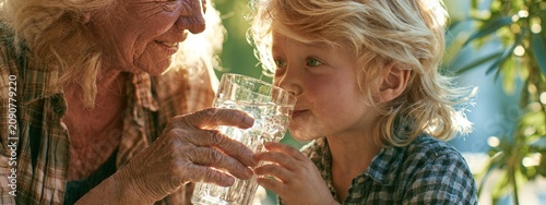 Caring grandmother giving a glass of fresh water to her cute little granddaughter.
