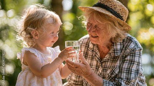 Caring grandmother giving a glass of fresh water to her cute little granddaughter.