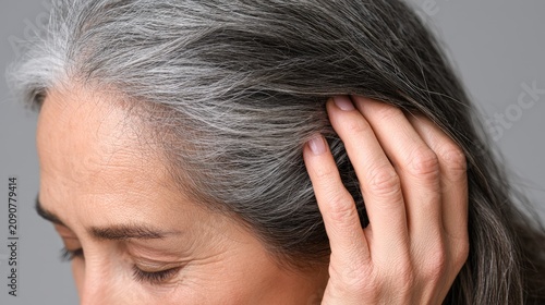 Woman showing gray hair roots while touching her head close up. Aging and hair care.