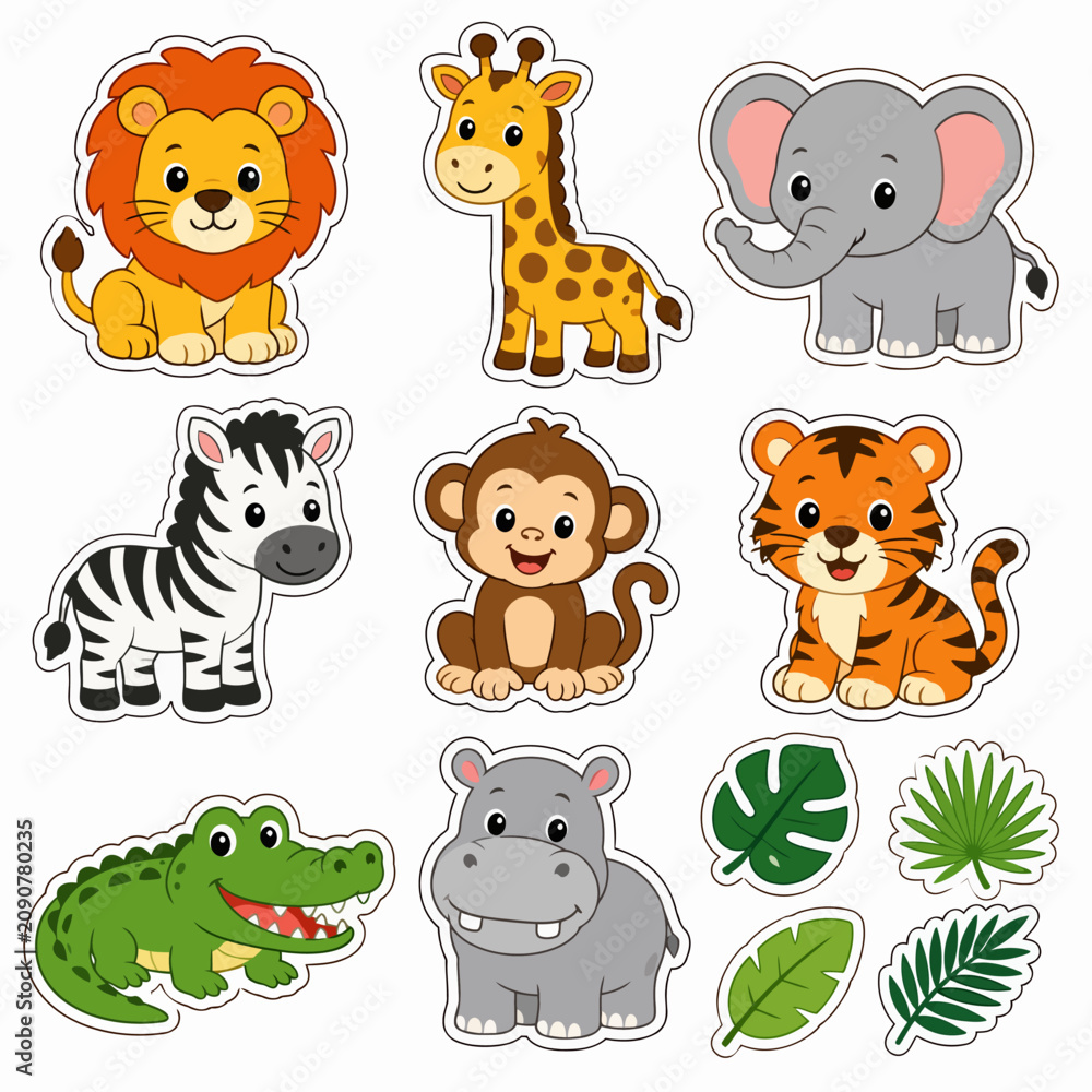 Obraz premium Cute Cartoon Safari Animals: A vibrant collection of adorable cartoon safari animals, including a lion, giraffe, elephant, zebra, monkey, tiger, crocodile, and hippopotamus, alongside tropical leaves.