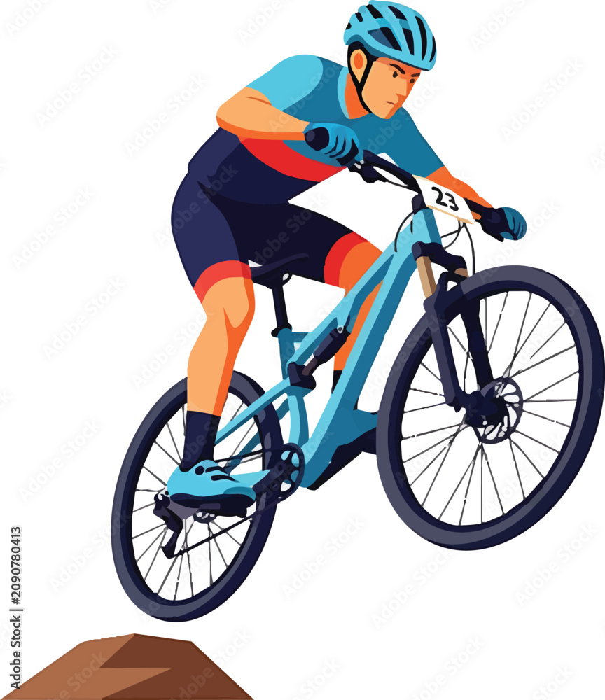 Fototapeta premium Dynamic Mountain Biker Leaping Over a Dirt Mound on a Trail.