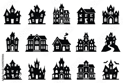 Bilde på lerret Set of haunted house silhouettes, spooky mansions for halloween design