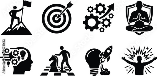 Business success and productivity vector icon set for strategic planning