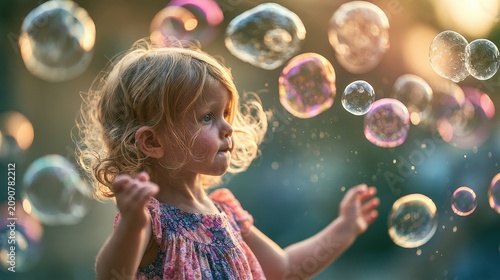 Happy little girl playing with soap bubbles on a sunny summer day in park.