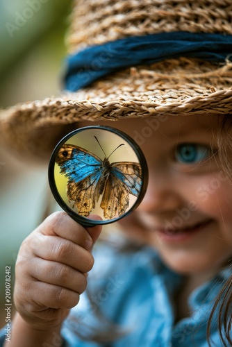 Curious little boy looking at butterfly through magnifying glass in sunny spring garden.