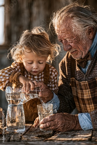 Grandfather pouring fresh water from bottle into glass for his cute little grandson.