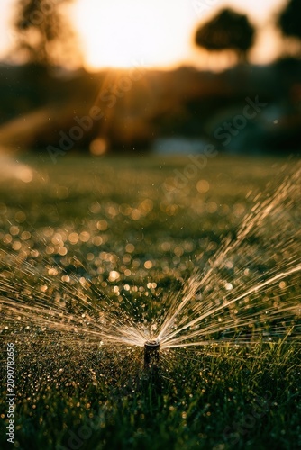 Automatic lawn sprinkler watering green grass field at sunset. Irrigation concept.