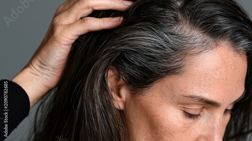 Woman showing gray hair roots while touching her head close up. Aging and hair care.