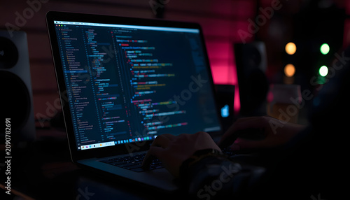 Person coding on laptop in dark room