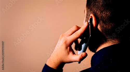 Back view profile of a short haired man wearing a dark shirt holding a smartphone to his ear during a phone call, representing modern communication and daily digital interaction.