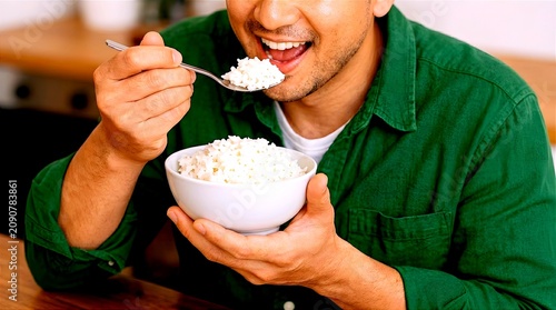 A man in a green shirt smiling while eating a spoonful of white rice from a bowl, representing Asian staple food, healthy diet, and authentic culinary traditions.