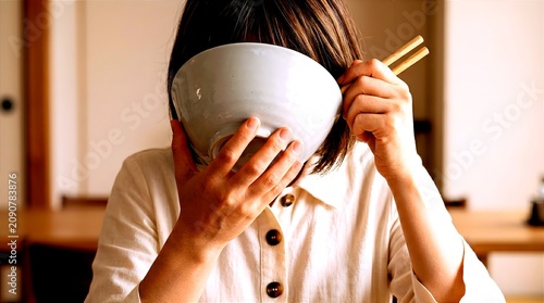 A person wearing a beige shirt holding a large white bowl to their face and using wooden chopsticks, showcasing traditional Asian dining etiquette and food culture habits.