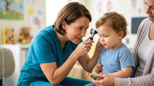 A female doctor examining a young child with an otoscope in a clinic