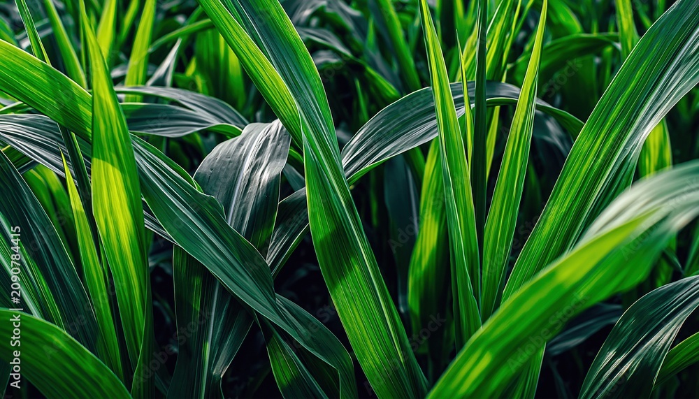 Obraz premium Lush Green Cornfield Rows with Sunlight Glinting on Vibrant Leaves in Agricultural Field