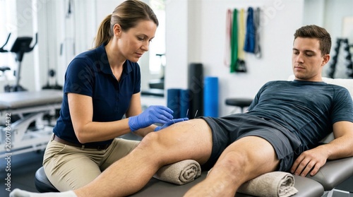 A physical therapist treating a patient in a modern medical facility