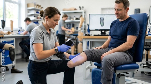 A prosthetic specialist working with a patient in a modern medical facility