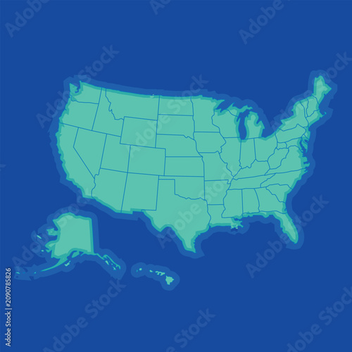 United States Map with State Borders Flat Vector Illustration Including Alaska and Hawaii