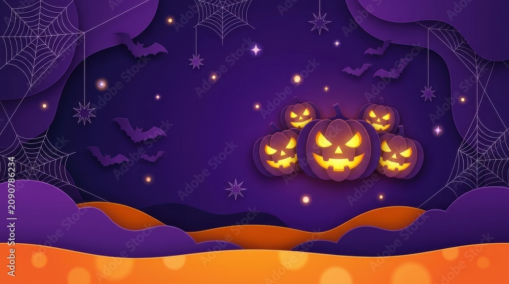 Naklejka premium Paper cutout halloween background featuring glowing jack o lanterns with glowing stars floating layered