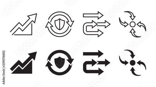 Business growth and strategic process management icons set with business management strategy direction security