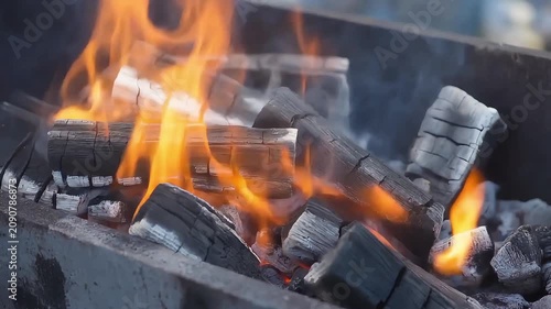 Burning embers and flames in a barbecue grill