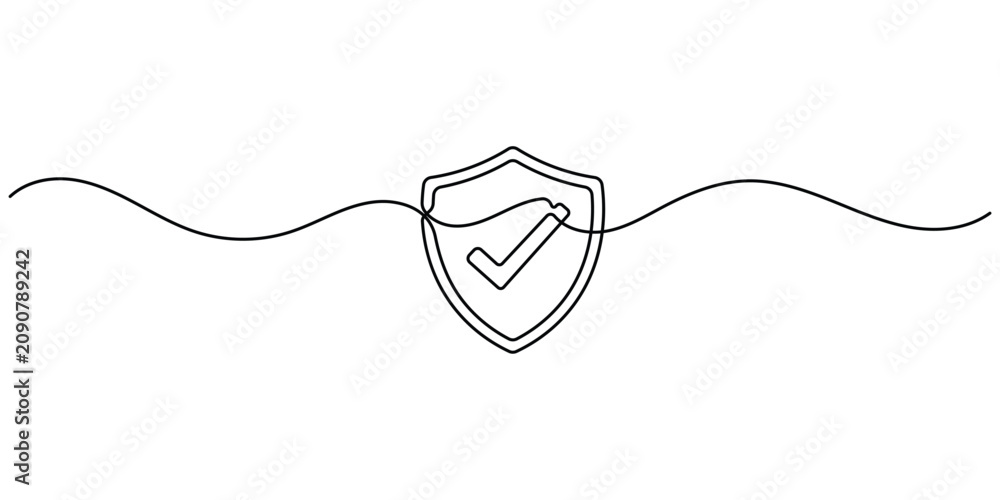 Obraz premium Continuous single line drawing of a shield icon with a check mark inside