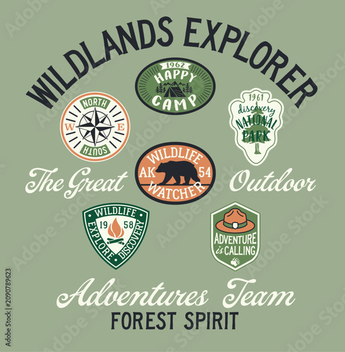 The great outdoor adventure junior explorer vector print for kids children wear t shirt sweatshirt pajamas with applique embroidery patches