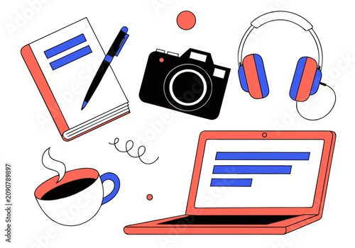 Blog day concept with laptop camera headphones notebook and coffee flat illustration