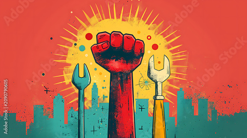 Modern Flat Vector Raised Fist and Wrenches Delivering Empowering Worker Solidarity Concept for Labor Day National Tribute Social Media Campaign Poster
