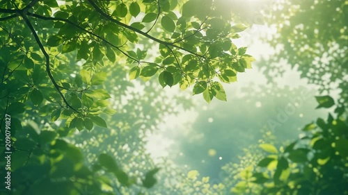 Green leaves on tree branches with sunlight filtering through