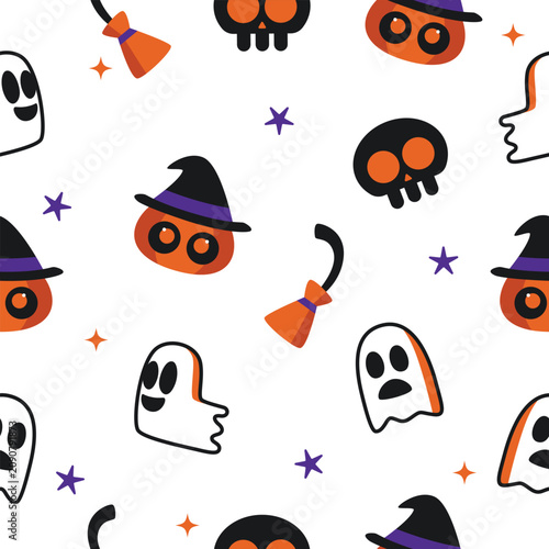 Playful seamless Halloween pattern featuring cute cartoon ghosts, pumpkins, skulls, brooms, and stars on a white background ideal for seasonal designs, wrapping paper, and festive decorations.
