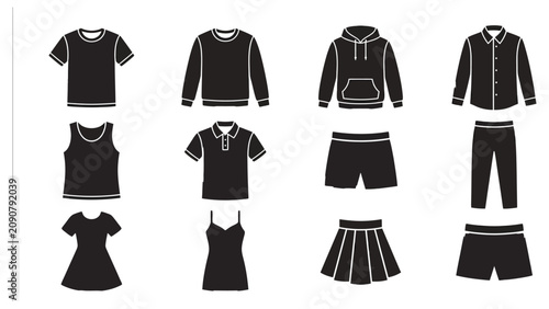 Foto Clothing items such as shirts, hoodies, skirts, and pants are displayed as black icons