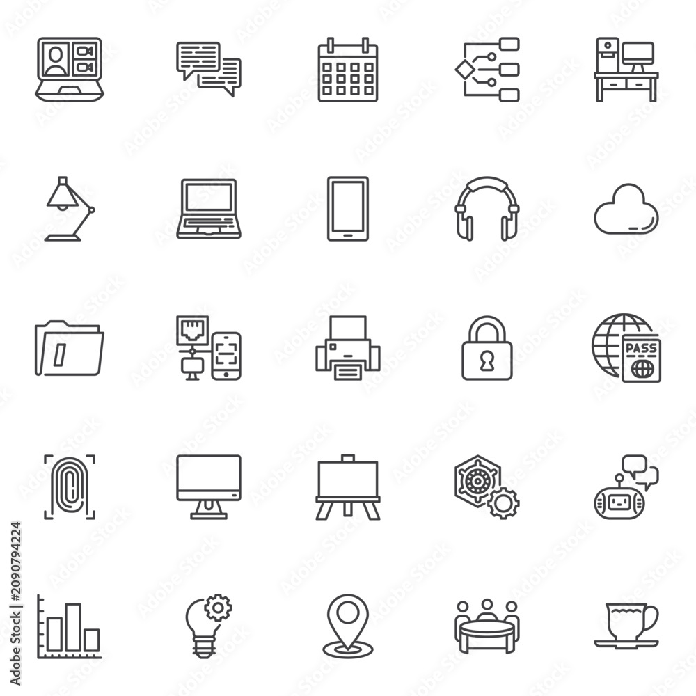 Fototapeta premium Smart Workplace Collaboration line outline icon set pack