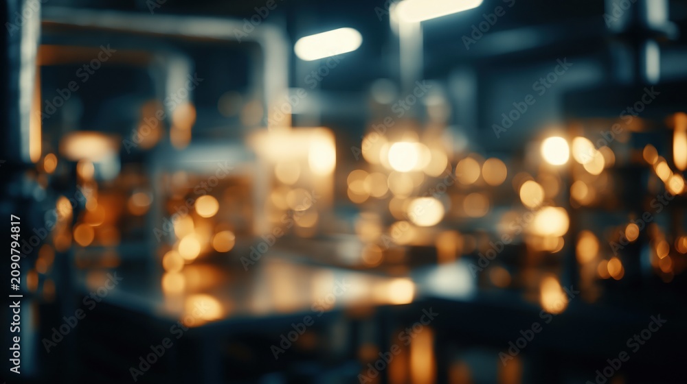 Fototapeta premium Blurred Industrial Factory Interior with Warm Bokeh Lights and Dark Blue Hues