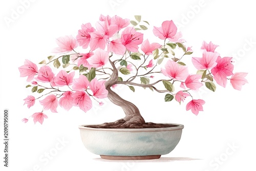 Soft watercolor illustration bonsai tree with delicate pink blossoms in pot on minimal white background. Ideal for posters, templates, invitations, wellness themed visuals