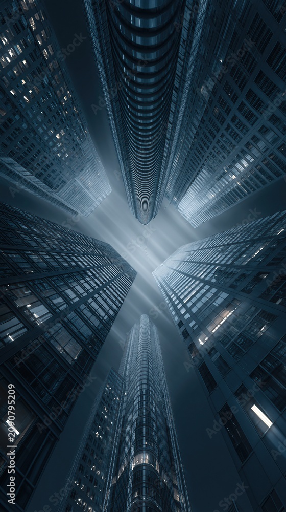 Obraz premium Looking Up Through Modern City Skyscrapers at Night with Glowing Windows and Fog