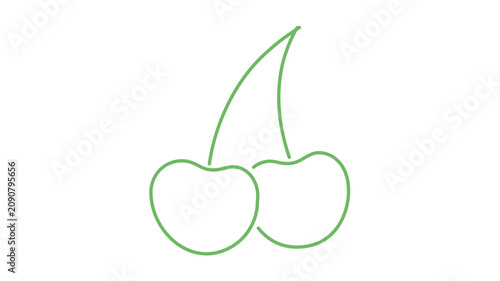 Light green cherry vector icon illustration with two rounded outlined fruits and graceful upward stems, minimalist flat line art cropped on white background with clean botanical food symbol style