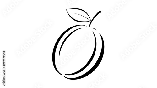 Elegant plum fruit outline vector icon with curved stem, highlighted side, and leaf detail, refined clean black line illustration on white background for stylish packaging and menu designs.