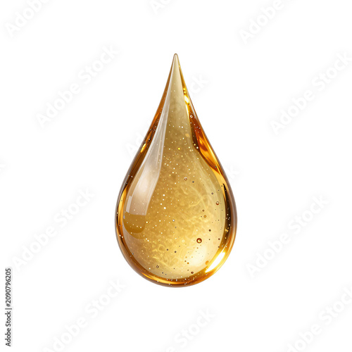 Close up of a shimmering golden oil drop against a white background