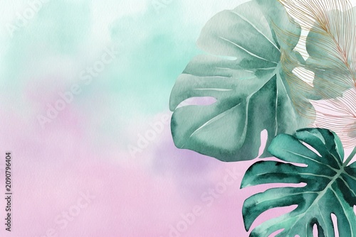 Serene watercolor postcard with tropical monstera and banana leaves on gentle gradient background and copy space. Perfect for branding, social media, travel themes, creative eco concepts