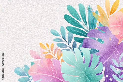 Elegant watercolor composition of lush monstera foliage combined with delicate tropical blossoms in fresh pastel tones. Ideal for stationery, posters, packaging, nature inspired marketing visuals