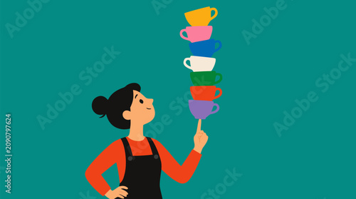 Playful vector illustration of a cheerful barista balancing a tall colorful stack of teacups on one finger, whimsical cafe skill, tea service challenge, balance, focus, hospitality and fun