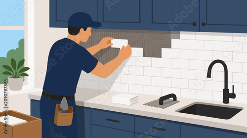 Skilled handyman installing white subway tile kitchen backsplash in modern blue cabinet interior, home renovation vector illustration with tools, sink, adhesive wall and clean DIY remodeling detail