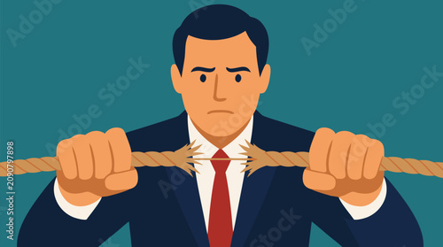 Worried executive gripping two frayed rope ends moments before they snap, tense business crisis, leadership pressure, risk management, fragile deal, conflict and corporate stress vector illustration