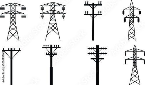 Foto High Voltage Power Line Tower Silhouette Icon Set with Electric Pylons and Utili