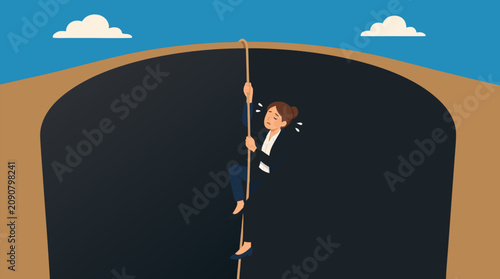 Exhausted businesswoman climbing a thin rope from a deep dark pit, burnout recovery, career crisis, resilience, corporate stress and overcoming adversity concept vector illustration