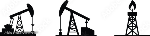 Foto Oil Pumpjack and Drilling Tower Icon Set with Crude Petroleum Extraction Symbols